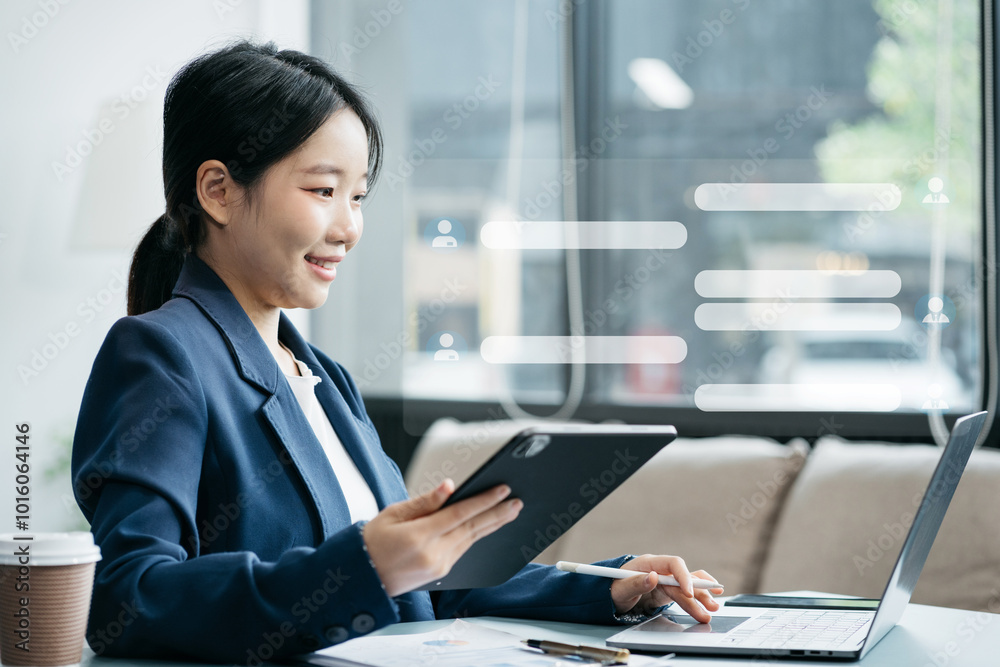 Business woman uses mobile phone to chat with friends during her free time. Business woman uses mobile phone to chat with friends during her free time.