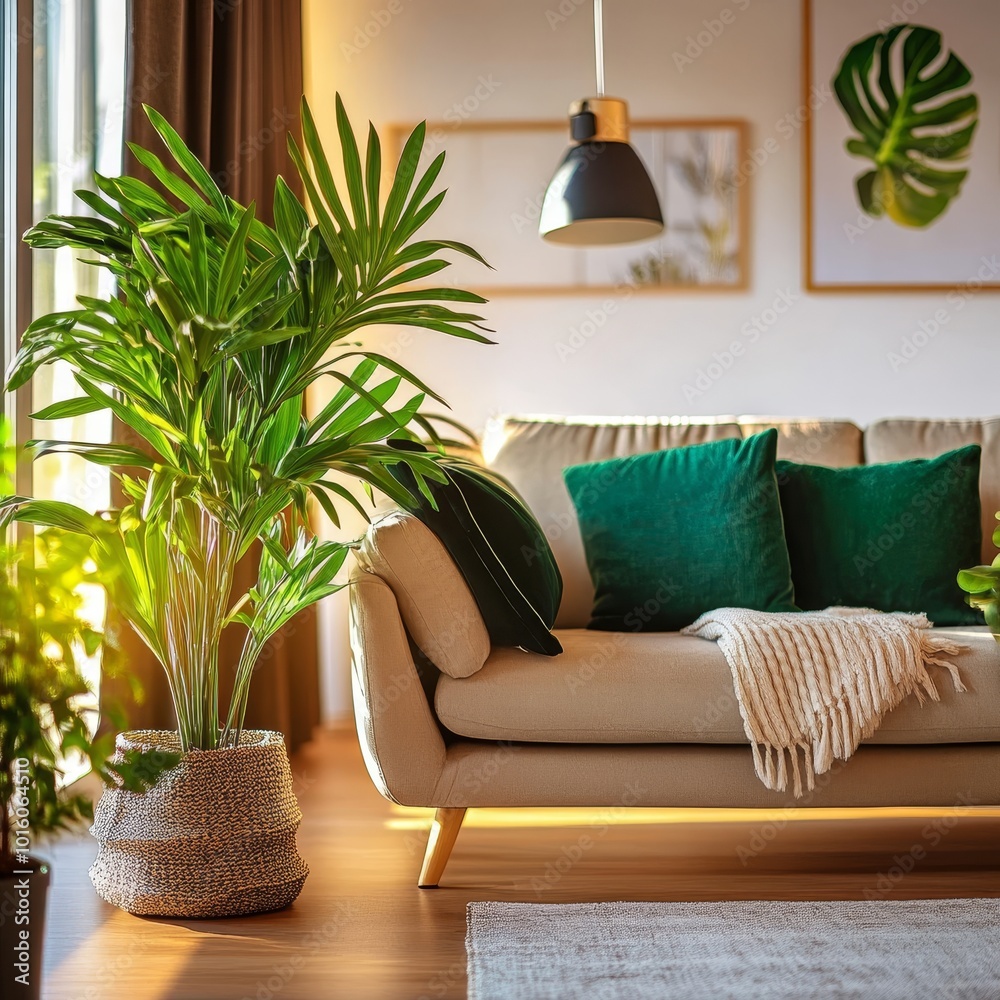 Stylish Living Room Interior with Beige Sofa, Green Plants, and Natural Light. Modern Home Decor. Stylish Living Room Interior with Beige Sofa, Green Plants, and Natural Light. Modern Home Decor.