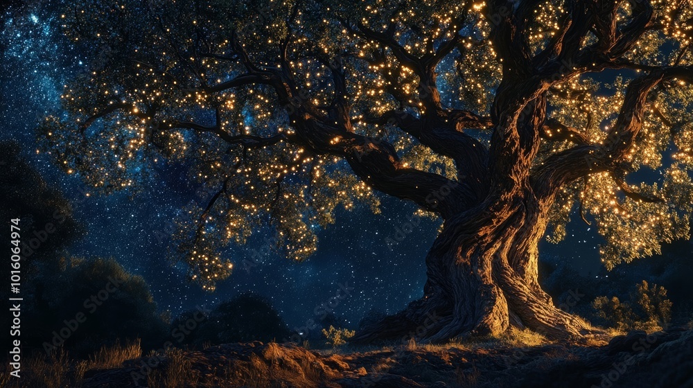 A Majestic Tree Illuminated by Stars and Soft Lights in a Night Sky Scene A Majestic Tree Illuminated by Stars and Soft Lights in a Night Sky Scene