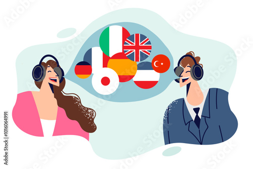 Simultaneous translation technology for man and woman using headphones and translator to communicate