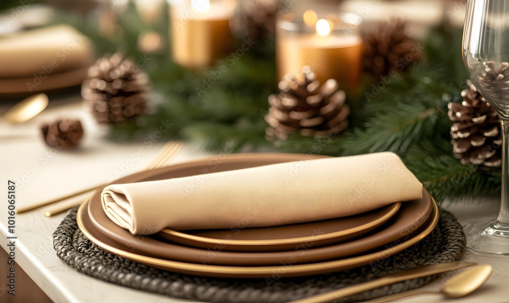 A holiday table set with Salted Caramel-colored napkins, Generative AI A holiday table set with Salted Caramel-colored napkins, Generative AI