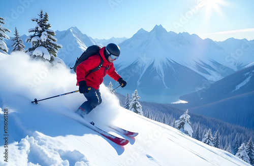 a man quickly descends from the mountain on downhill skis, snow flies out from under the skis photo