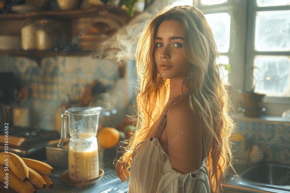 Woman Making a Green Smoothie with Banana, Spinach, and Avocado in a Morning Lit Kitchen Woman Making a Green Smoothie with Banana, Spinach, and Avocado in a Morning Lit Kitchen