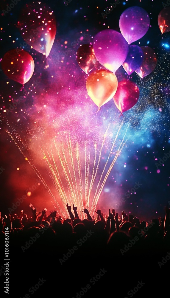 Celebration Night Crowd Cheering Under Fireworks and Balloons, Starry Sky Background