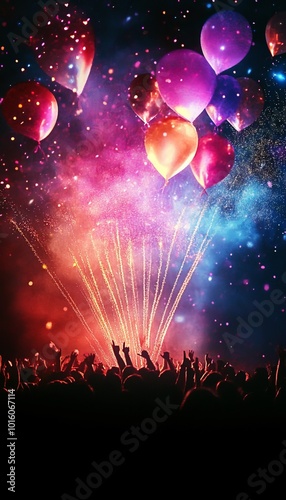 Celebration Night Crowd Cheering Under Fireworks and Balloons, Starry Sky Background