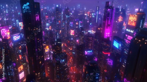 Vibrant futuristic cityscape illuminated by neon lights at night.