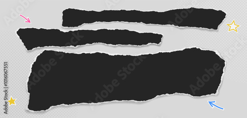 Torn black piece of paper with halftone for notes or ad are on white background.