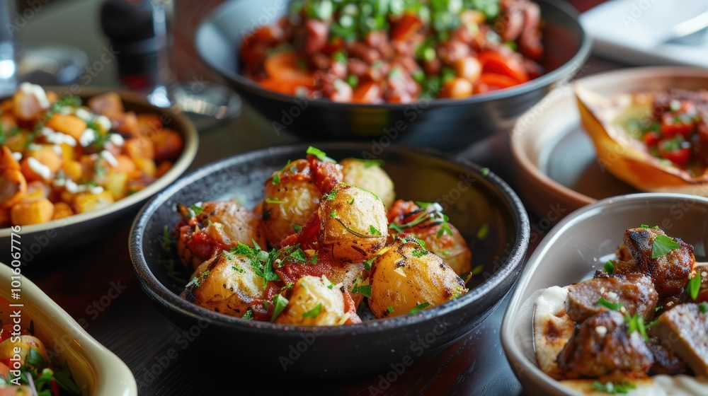 Close-up of Roasted Potatoes with Herbs and Tomato Sauce in a Black Bowl Close-up of Roasted Potatoes with Herbs and Tomato Sauce in a Black Bowl