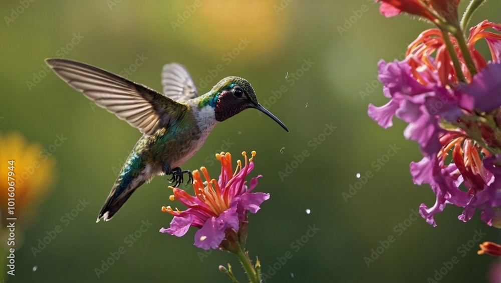 Naklejka premium A hummingbird hovers near a cluster of vibrant flowers, displaying its iridescent green and blue plumage with a colorful throat. The flowers are predominantly red and orange, standing out against the