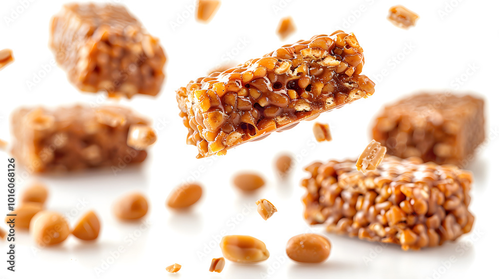 Chocolate bar wafer falling with choc flake in the air, isolated on a white background Chocolate bar wafer falling with choc flake in the air, isolated on a white background