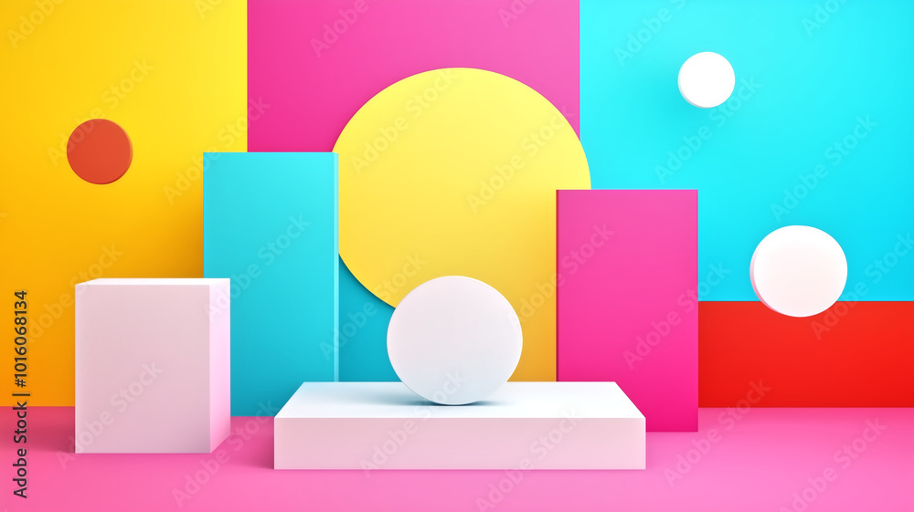 Bright and colorful geometric shapes create vibrant and playful composition. arrangement of circles and rectangles against backdrop of bold colors evokes sense of creativity and fun Bright and colorful geometric shapes create vibrant and playful composition. arrangement of circles and rectangles against backdrop of bold colors evokes sense of creativity and fun