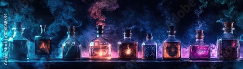 A vivid collection of magical potions in ornate bottles, emitting colorful smoke and mysterious glows, perfect for fantasy themes.