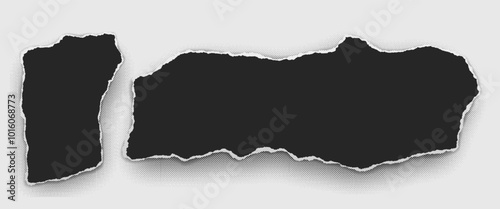 Torn black piece of paper with halftone for notes or ad are on white background.