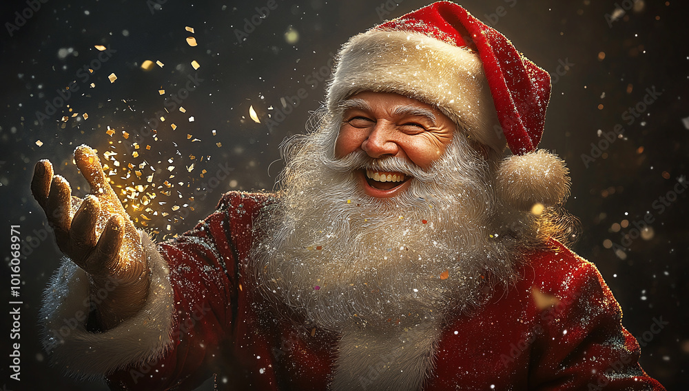 A portrait of Santa Claus laughing, throwing confetti from his hand, against a black background A portrait of Santa Claus laughing, throwing confetti from his hand, against a black background