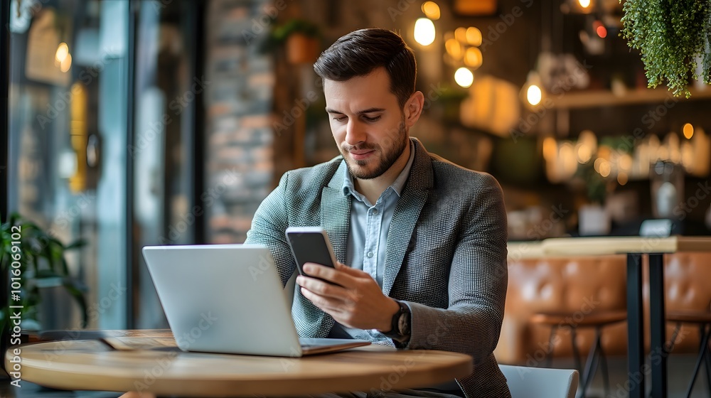 Man using a smartphone and laptop at a cafe table Man using a smartphone and laptop at a cafe table