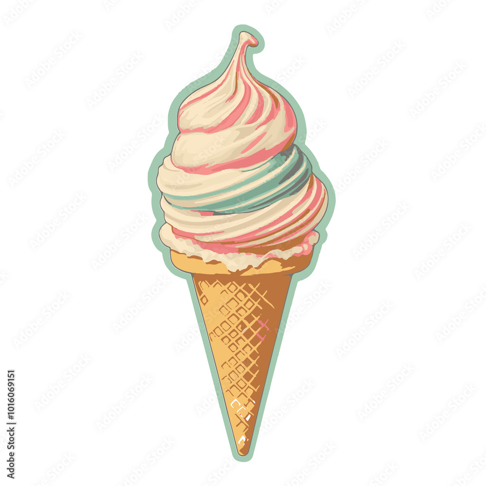 Colorful soft serve ice cream cone with swirls of pink and white sitting on a waffle cone against a vibrant background Colorful soft serve ice cream cone with swirls of pink and white sitting on a waffle cone against a vibrant background
