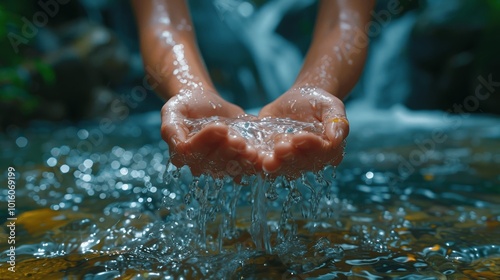 Woman's Hand Holding Water Drops Over a Waterfall in a Forest, Spa or Beauty Treatment Concept