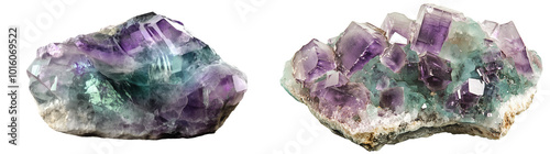A large, crystalline fluorite rock Gemstone isolated on transparent PNG.