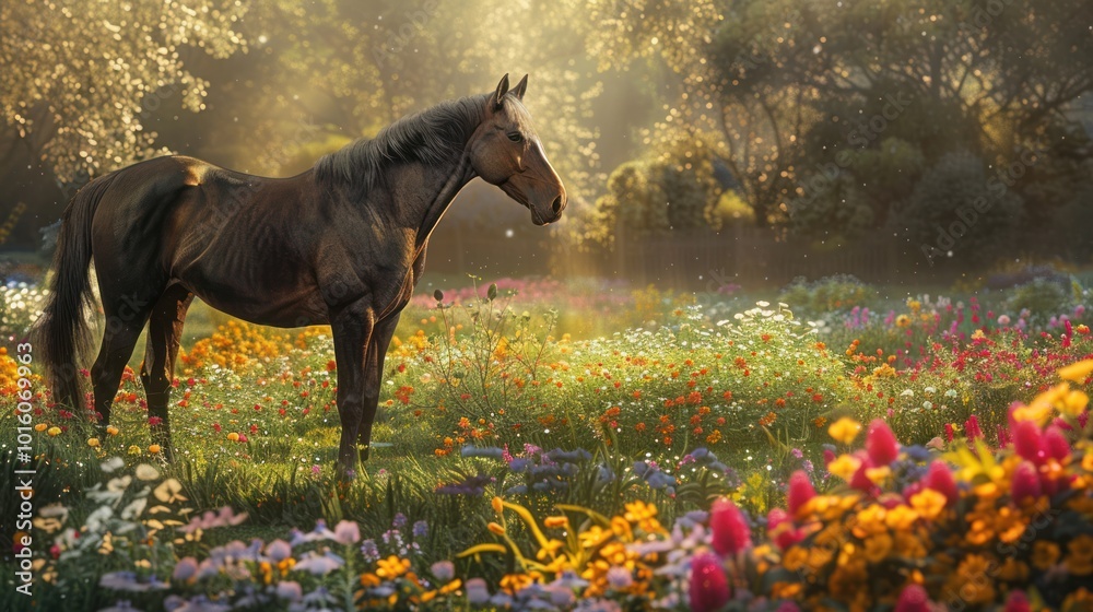 A Brown Horse Standing in a Field of Colorful Flowers A Brown Horse Standing in a Field of Colorful Flowers