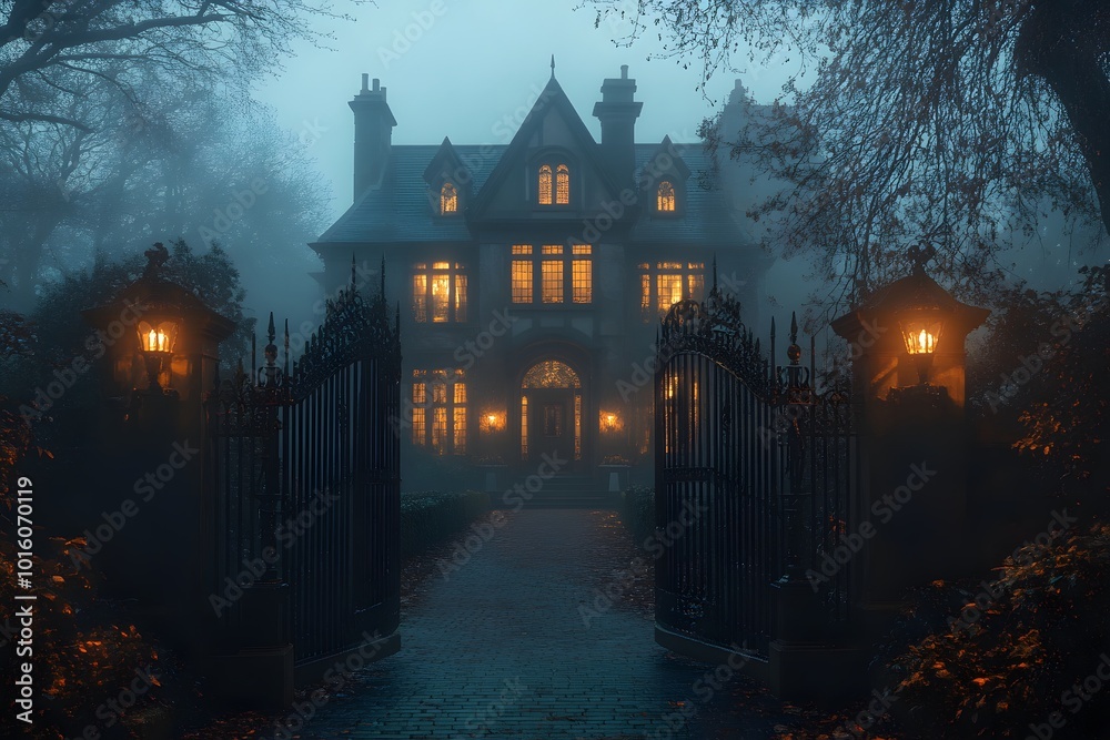 Mysterious Foggy Mansion with Iron Gates and Lantern Lights Mysterious Foggy Mansion with Iron Gates and Lantern Lights