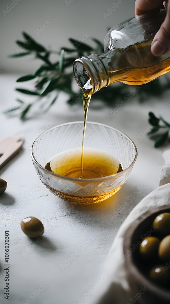 An olive oil being poured into an empty glass bowl, surrounded by olives and kitchen utensils on the side, set against a light gray background An olive oil being poured into an empty glass bowl, surrounded by olives and kitchen utensils on the side, set against a light gray background