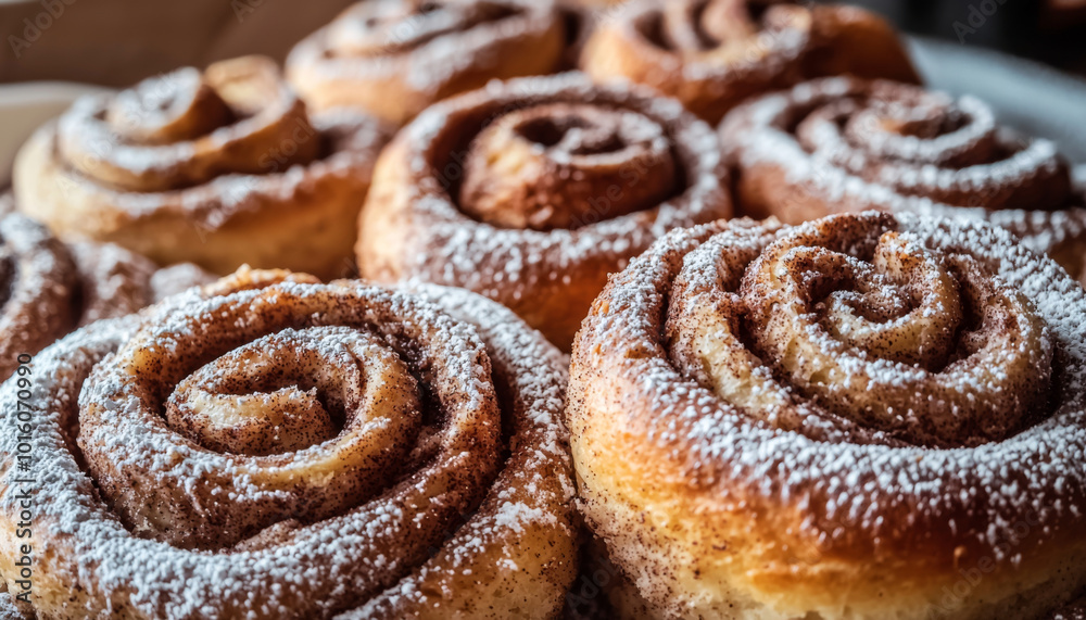 Fototapeta premium A close-up of freshly baked cinnamon rolls dusted with powdered sugar, showcasing their spiral shape and inviting texture.