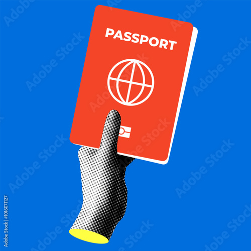 Modern collage with halftone hand holding passport.  Travel and tourism concept. Document control