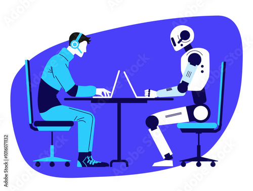 Man works together with a robot. Person and a robot are sitting at table and working on laptop. Concept of future technologies. Machine learning. Contest between human and cyborg