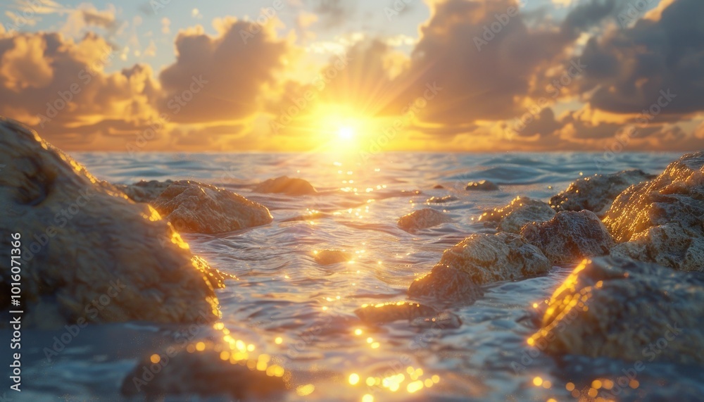 Golden Hour Sunset Over the Ocean Serene and Vibrant Waterfront Scene with Dramatic Clouds and Sparkling Water