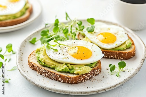 Egg and avocado sandwiches and coffee for a healthy breakfast. Whole grain toast with avocado puree, scrambled eggs and organic microgreens on a white table. 