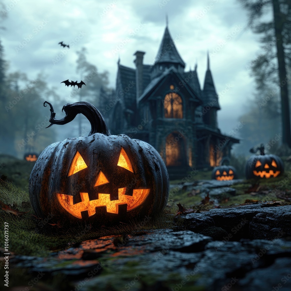 Halloween background with pumpkins and haunted house - 3D render. Halloween background