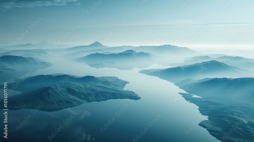Naklejka premium Serene and Rugged A Breathtaking View of the Horizon with Craggy Vistas, Capturing the Natural Beauty of a Misty Mountain Landscape