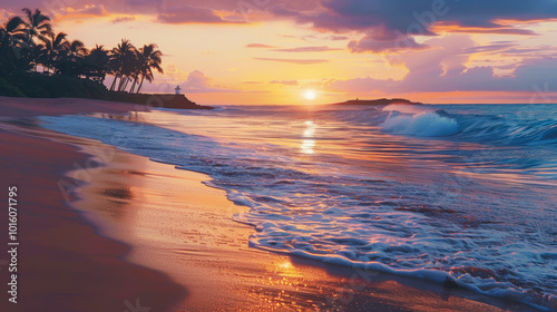 Stunning beach at sunset with soft waves gently lapping the shore and the sky tinged with warm shades of orange, pink and purple