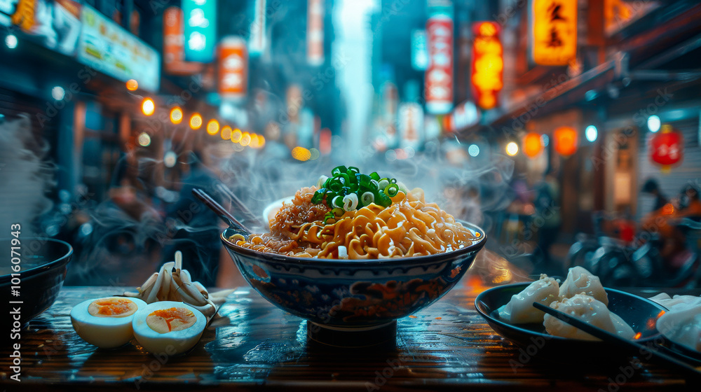 Fototapeta premium Steaming bowl of ramen topped with green onions and served with boiled eggs