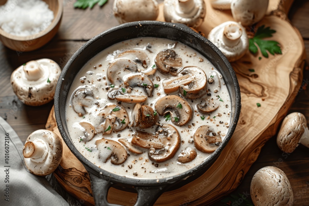 Creamy Mushroom Sauce with Fresh Dill and Cheese on a Wooden Board Creamy Mushroom Sauce with Fresh Dill and Cheese on a Wooden Board