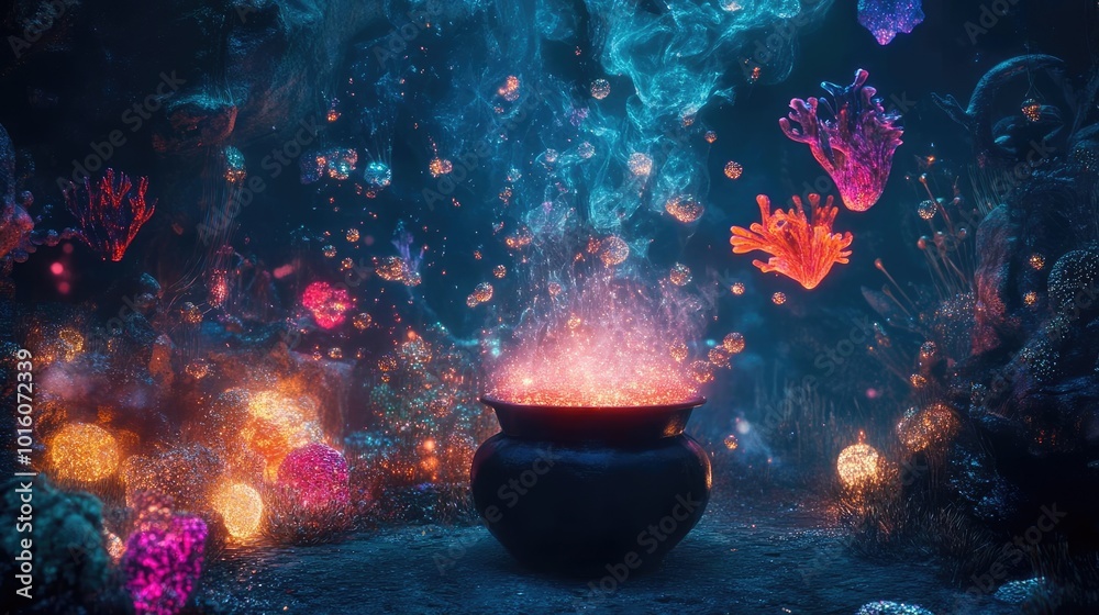 A mystical underwater scene featuring a bubbling cauldron surrounded by vibrant coral and colorful aquatic life. A mystical underwater scene featuring a bubbling cauldron surrounded by vibrant coral and colorful aquatic life.