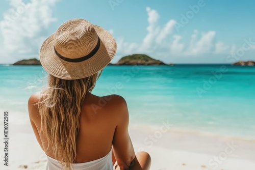 Serene beach escape with woman enjoying tropical paradise