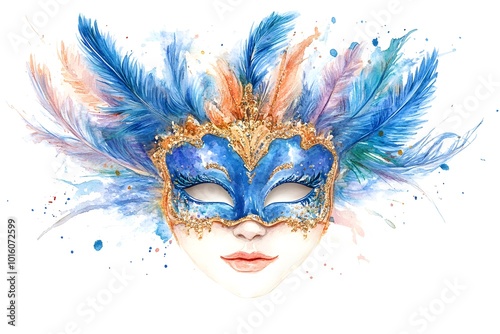 Watercolor Blue and Gold Venetian Carnival Mask with Feathers