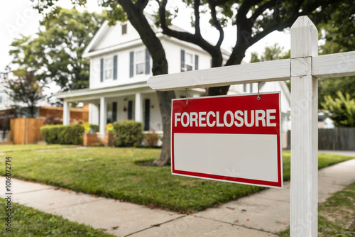 Foreclosure sign hanging on real estate sign in front of house