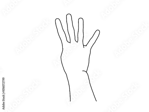 Palm with four fingers extended. Black and white drawing.