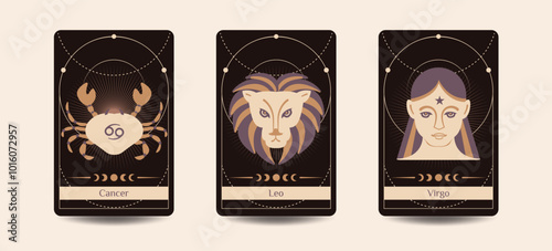Cancer, Virgo, and Leo zodiac symbols are hand drawing styles on a dark brown background, Fit for paranormal, tarot readers, and astrologers