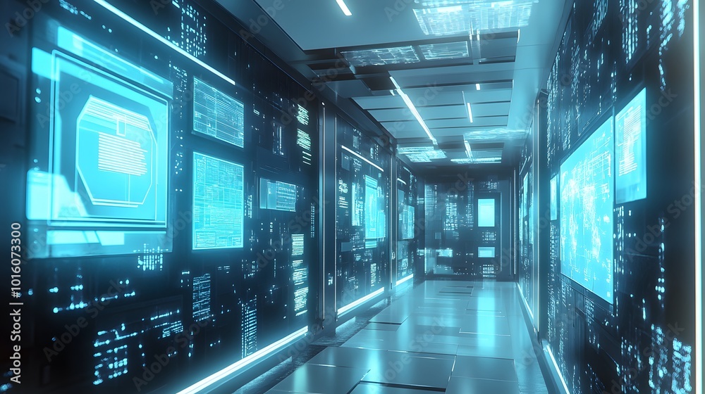 Futuristic Sci-Fi Hallway Interior with Computer and Monitor Screen on Wall, 3D Rendering. Futuristic Sci-Fi Hallway Interior with Computer and Monitor Screen on Wall, 3D Rendering.