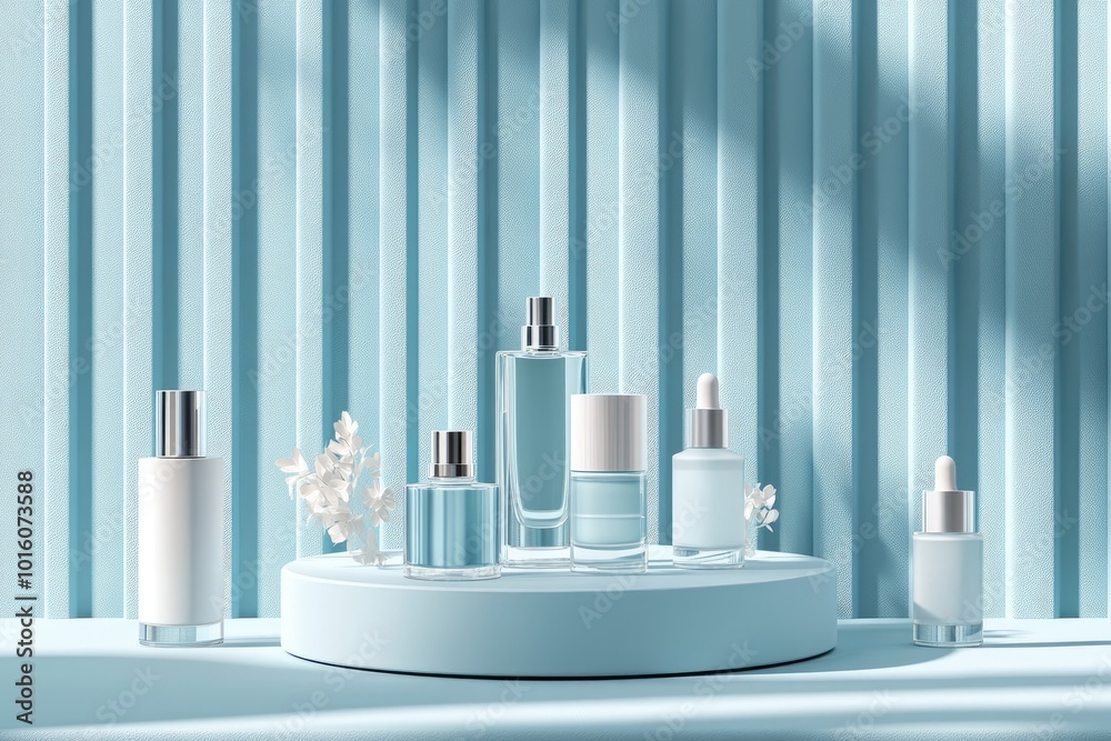 Blue bottles on a blue platform. Great for product mockups and beauty brand advertising. Blue bottles on a blue platform. Great for product mockups and beauty brand advertising.