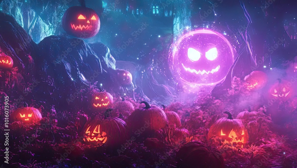 A mesmerizing Halloween scene with glowing pumpkins and a silhouette exploring a mystical, colorful atmosphere. A mesmerizing Halloween scene with glowing pumpkins and a silhouette exploring a mystical, colorful atmosphere.