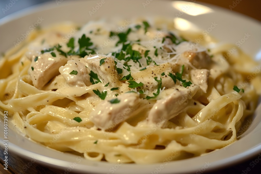 A creamy chicken Alfredo pasta with fettuccine, garnished with parsley and Parmesan A creamy chicken Alfredo pasta with fettuccine, garnished with parsley and Parmesan
