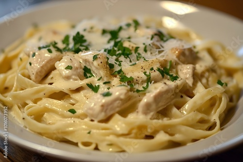 A creamy chicken Alfredo pasta with fettuccine, garnished with parsley and Parmesan