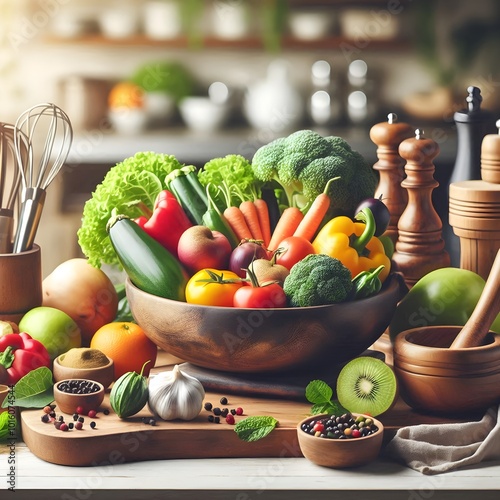 Fresh vegetables and fruits overflowing a bowl in a rustic kitchen