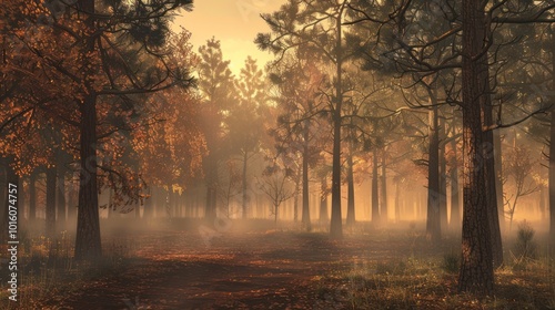 A Pathway Through a Misty Forest at Sunset