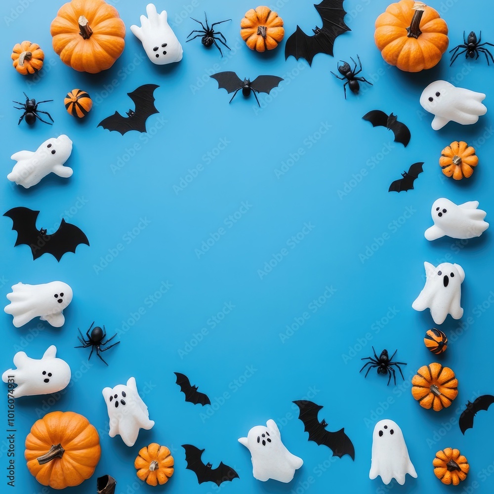 Halloween frame with party decorations of pumpkins, bats, ghosts, spiders on blue background Halloween frame with party decorations of pumpkins, bats, ghosts, spiders on blue background