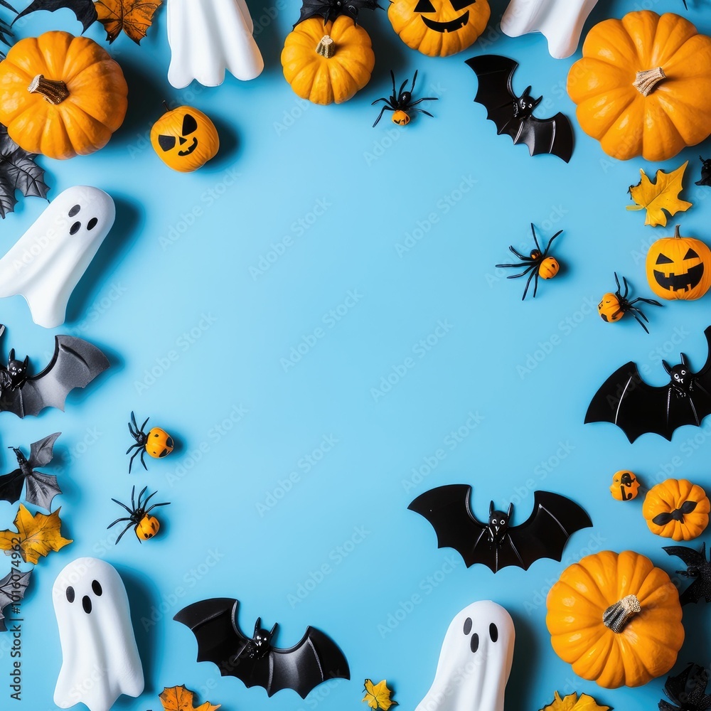 Halloween frame with party decorations of pumpkins, bats, ghosts, spiders on blue background
